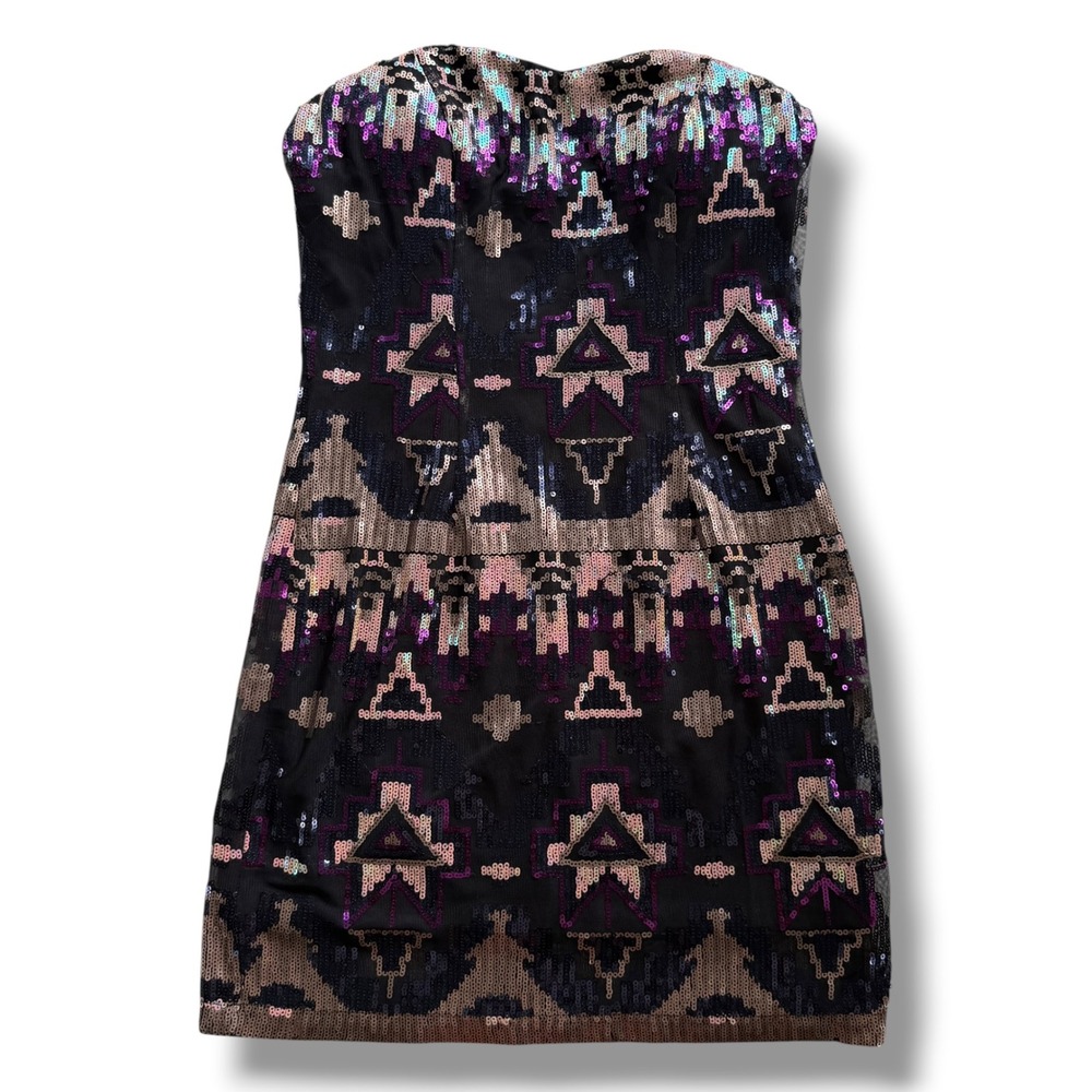 Marineblu Women L Black Purple Gold Tribal Geometric Strapless Sequin Mini Dress